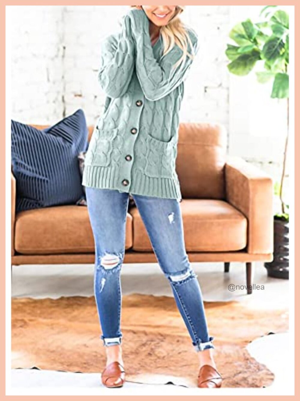 Women's Cable Knit Cardigan Button Down Open Front Long Sleeve Sweater Coat - Picture 3 of 6